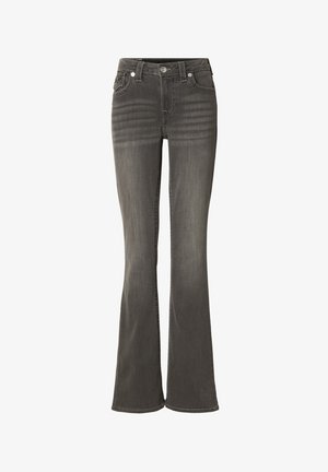 Szare jeansy dzwony wykonane z denimu, z klasycznym krojem z pięcioma kieszeniami, widocznymi przeszyciami oraz zamkiem błyskawicznym i zapięciem na metalowy guzik.