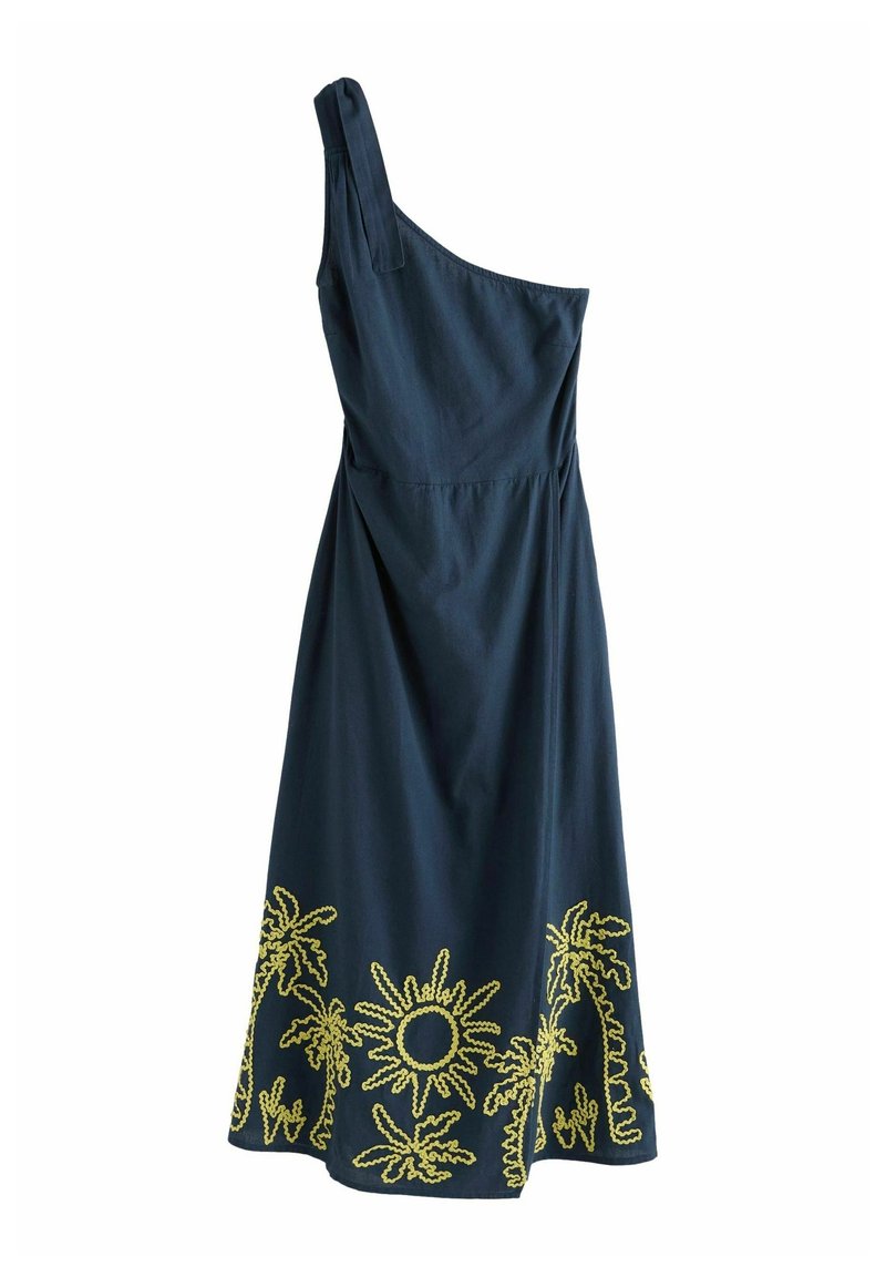 Robe asymétrique bleu marine avec des motifs brodés en jaune de soleil et de palmier le long de l’ourlet, avec une lanière à nouer sur le côté.