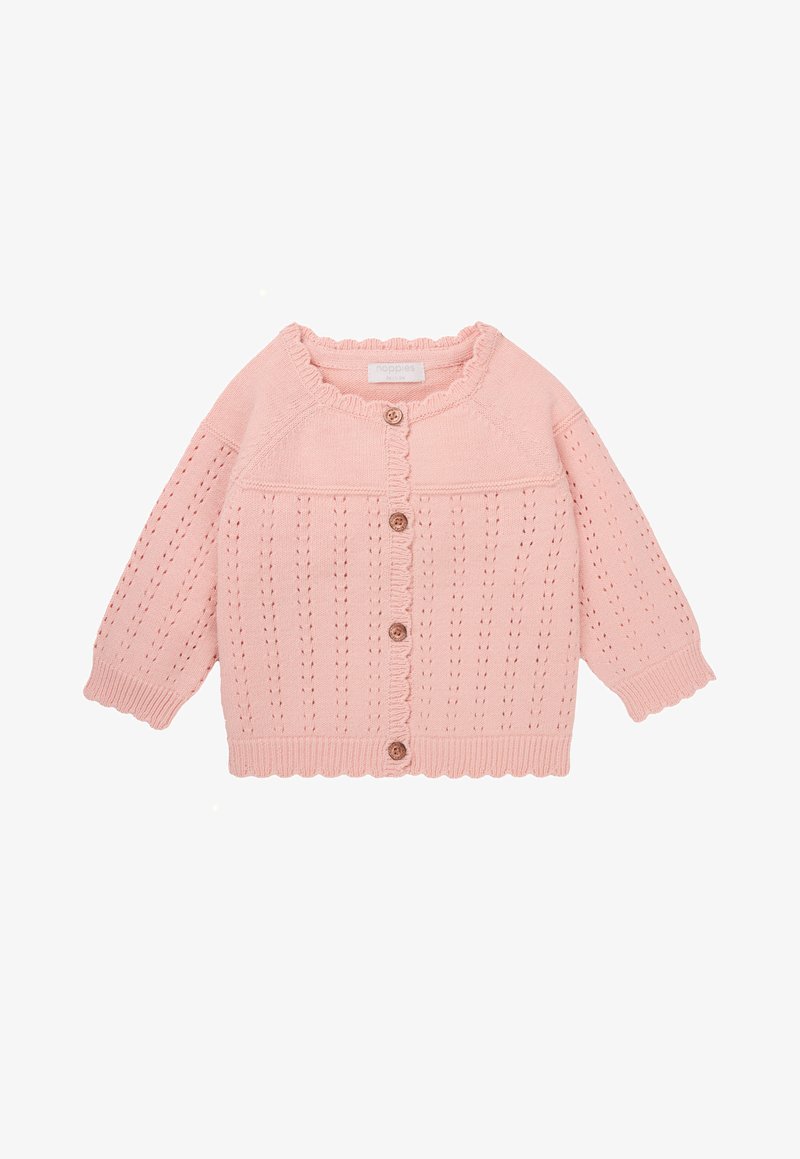 Lichtroze gebreide cardigan met een golvende halslijn, knoopsluiting, open weefpatroon en geribbelde manchetten en zoom.