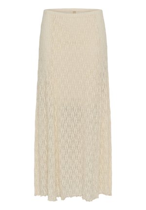 Lange crèmekleurige rok van textuurlace stof met een rechte silhouet, voorzien van een licht ongelijke zoom.