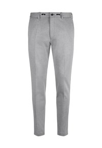 Grijze op maat gemaakte pantalon van een gladde stof. Voorzien van een vlakke voorkant, twee zijzakken en een knoopsluiting met aantrekkoorden.