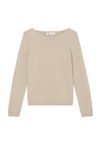 Beige Pullover mit langen Ärmeln aus glattem Strickstoff, mit weiter Ausschnitt und geripptem Saum. Schlichtes Design ohne Muster oder Akzente.