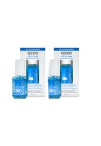 Deux bouteilles transparentes d'Essie All-in-One base et top coat, chacune de 13,5 ml, avec des bouchons blancs et un liquide bleu, exposées devant un emballage blanc.