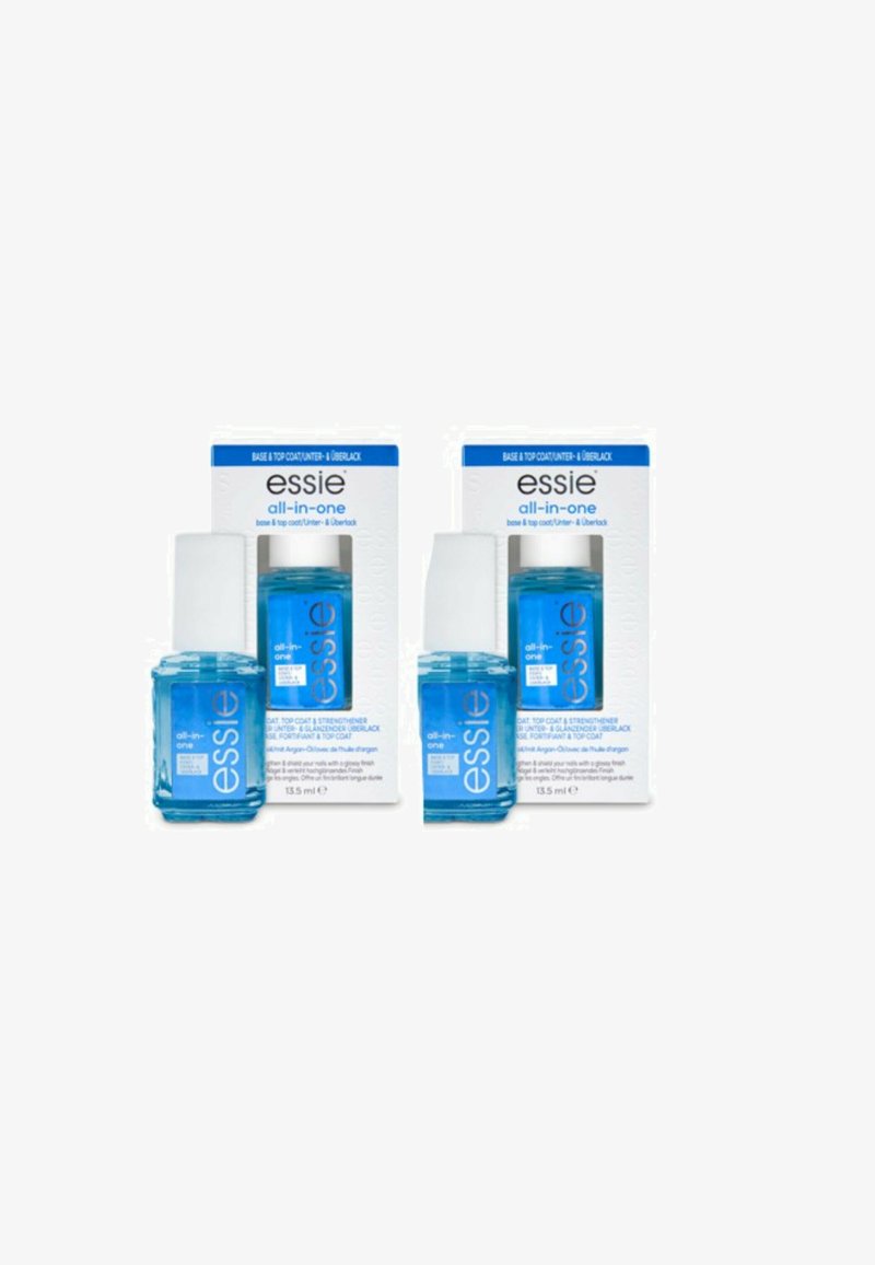 Deux bouteilles transparentes d'Essie All-in-One base et top coat, chacune de 13,5 ml, avec des bouchons blancs et un liquide bleu, exposées devant un emballage blanc.