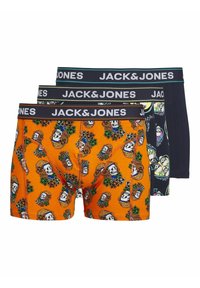Conjunto de bóxers para hombres en varios colores: naranja con estampado de calaveras, azul marino con acentos florales y negro con diseño abstracto. Cintura elástica.