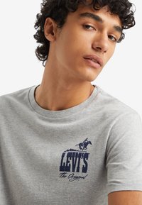 Camiseta de algodón gris con un gráfico impreso en azul marino de un caballo y "LEVI'S the Original" en el pecho. Manga corta y cuello redondo.