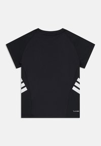 T-shirt de sport noir à manches courtes, avec une texture lisse et des accents blancs rayés sur les épaules. Marque Climalcool visible.