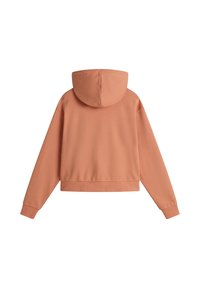 Sudadera corta de color durazno con un bolsillo tipo canguro, puños y dobladillo acanalados. Presenta un escote redondo y una textura suave y lisa.