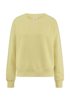 Gelber Sweatshirt mit rundem Ausschnitt, Raglanärmeln und gerippten Manschetten. Mit einem weißen gestickten Blumendesign auf der Brust.