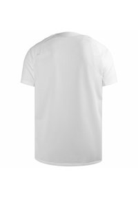 T-shirt bianco a maniche corte realizzato in tessuto leggero, con una texture liscia e orlo arrotondato. Il design sul retro è semplice senza decorazioni.