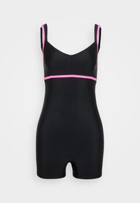 Maillot de bain noir au design ajusté, avec des accents roses le long des bretelles et de la taille. Le matériau semble lisse et extensible.