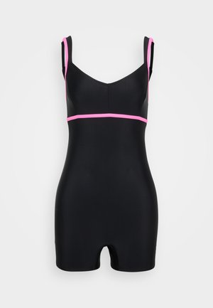 Melnas peldkostīms ar pieguļošu dizainu, kurā ir rozā akcenti gar siksnām un jostasvietu. Materiāls izskatās gluds un elastīgs.