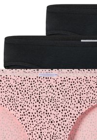 Schwarzer, schlichter Bund oben, pinkfarbener, gemusterter Stoff unten mit schwarzen Sprenkeln und glatter Textur. Elastischer Abschluss an den Rändern.