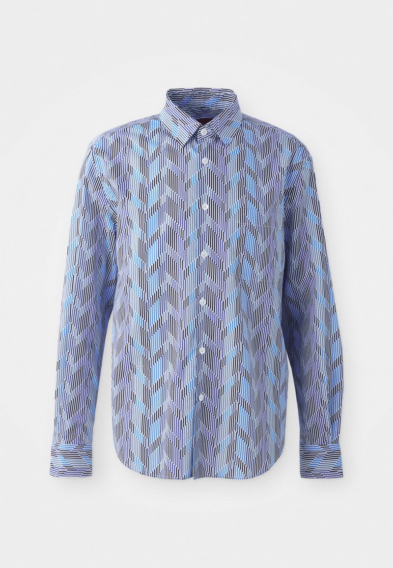 Skjorte med knaplukning, der har et blåt og lilla zigzag-mønster med vertikale sorte striber, lange ærmer og klassisk krave.