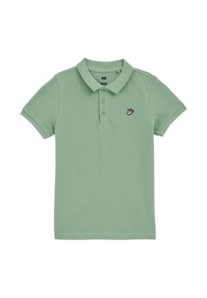 Polo majica iz svetlo zelene kotnice, kratki rukavi, klasičen ovratnik, z gumbom na tri gumbe, ima majhen črn izvezen logotip na prsih.