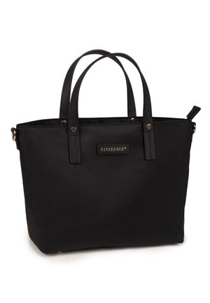 Czarna torba typu tote z podwójnymi uchwytami, zamkiem błyskawicznym i małą złotą metką marki z przodu.