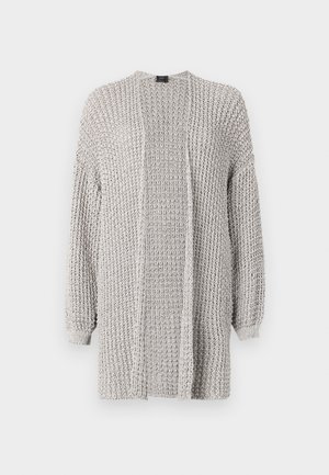 Avoin etumus neulecardigan vaaleanharmaana, jossa on pitkät hihat, löysä istuvuus ja teksturoitu kangas, jossa on kudottu kuvio.