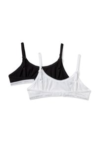 Due bralette, una nera e una bianca, realizzate in tessuto morbido, con spalline regolabili e un bordo decorativo lungo i lati.