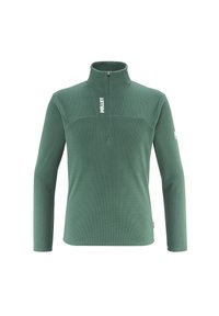 Grüner Fleece-Pullover mit hohem Kragen, Viertelreißverschluss, strukturierter Oberfläche und 'Millet'-Logo auf der Brust. Lange Ärmel und taillierte Passform.