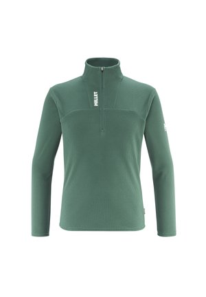 Pull en polaire vert avec un col haut, fermeture éclair quart, surface texturée et logo 'Millet' sur la poitrine. Manches longues et design ajusté.