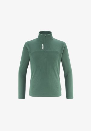 Grüner Fleece-Pullover mit hohem Kragen, Viertelreißverschluss, strukturierter Oberfläche und 'Millet'-Logo auf der Brust. Lange Ärmel und taillierte Passform.