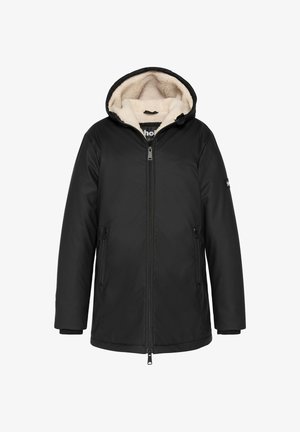 Schwarze Jacke mit Kapuze, ausgestattet mit einem weichen cremefarbenen Futter, zwei seitlichen Reißverschlusstaschen und einem durchgehenden Frontreißverschluss. Glatter, strapazierfähiger Stoff.