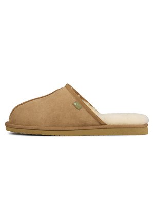 Brown suede slipper with soft, cream-colored lining, round toe, and rubber sole. Features stitched detailing and a small logo accent.
