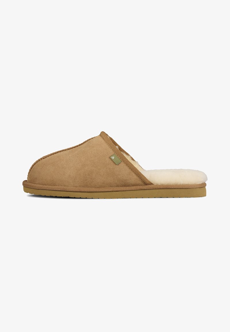 Brown suede slipper with soft, cream-colored lining, round toe, and rubber sole. Features stitched detailing and a small logo accent.