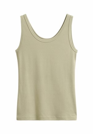 Top sin mangas beige acanalado con escote redondo y dobladillo cosido sutil, presentado en plano sobre fondo blanco.