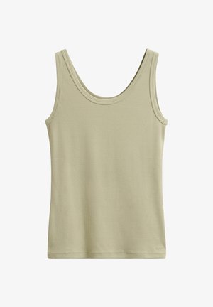 Beige geribd mouwloos tanktop met ronde halslijn en subtiele gestikte zoom, plat gelegd op een witte achtergrond.