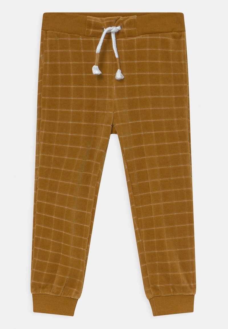 Pantalon de jogging en velours marron avec un cordon blanc et des poignets côtelés, présentant un motif discret à carreaux fenêtrés.