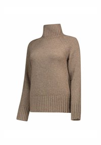 Maglione a collo alto marrone lavorato a maglia con colletto, polsini e orlo a coste, mostrato su uno sfondo bianco semplice.