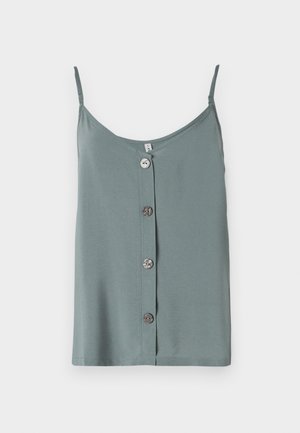 Bezramionkowy, jasnozielony top z zaokrąglonym dekoltem i zapięciem na guziki z przodu, wyposażony w pięć gładkich, okrągłych guzików. Miękka tkanina o luźnym kroju.