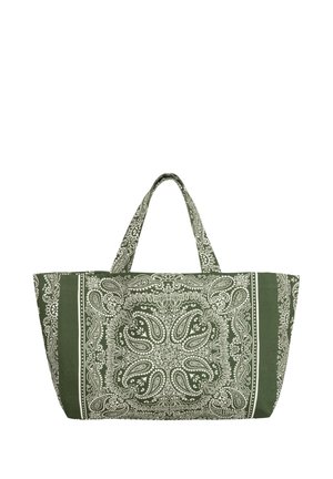 Zielona torba materiałowa z białym, skomplikowanym wzorem paisley i kwiatowym oraz dwoma uchwytami u góry.