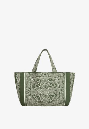 Zielona torba materiałowa z białym, skomplikowanym wzorem paisley i kwiatowym oraz dwoma uchwytami u góry.