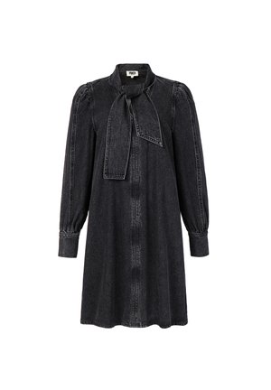 Zwart denim jurk met lange mouwen, hoge hals met strik, pofferige schouders, knoopmanchetten en verticale naaddetails aan de voorkant.