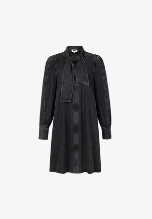 Zwart denim jurk met lange mouwen, hoge hals met strik, pofferige schouders, knoopmanchetten en verticale naaddetails aan de voorkant.