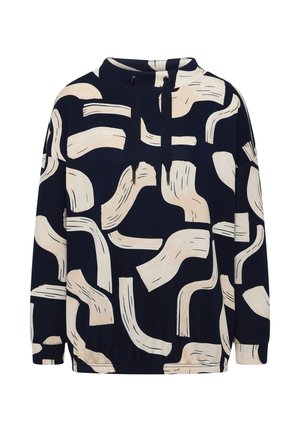 Marineblå pullover med et abstrakt mønster af cremefarvede penselstrøg, med høj krave, snøre og elastisk kant. Fremstillet af blødt stof.