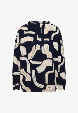 Marineblå pullover med et abstrakt mønster af cremefarvede penselstrøg, med høj krave, snøre og elastisk kant. Fremstillet af blødt stof.