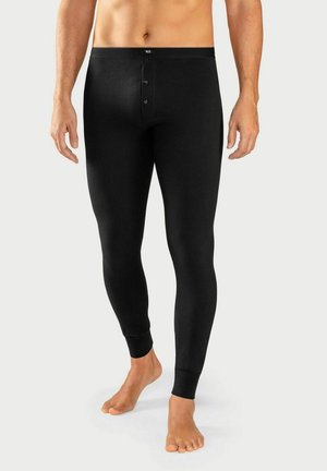 Schwarze Thermoleggings mit enganliegendem Design, aus glattem Stoff gefertigt, mit einem Taillenbund und zwei Knopfverschlüssen auf der Vorderseite.
