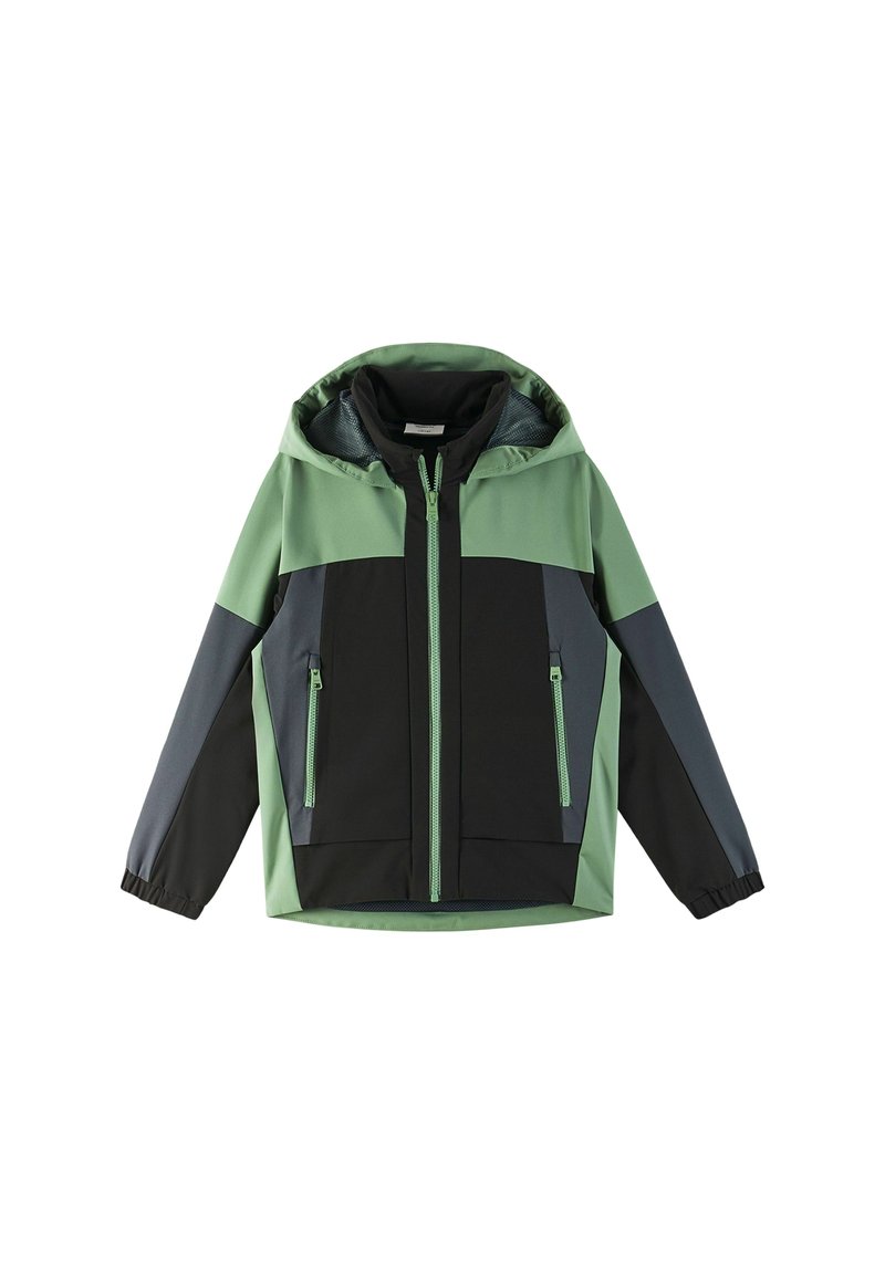 Kapuzenshirt mit einem Farbkombinationsdesign, das dunkelgrüne, hellgrüne und graue Elemente umfasst. Glattes Material, mit Reißverschlüssen versehene Taschen, elastische Bündchen.