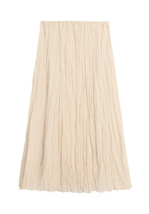 Beige geplooide midi-rok met elastische tailleband en verticale, gestructureerde plooien, die een vloeiende en lichte uitstraling creëren.