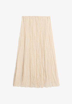 Beige geplooide midi-rok met elastische tailleband en verticale, gestructureerde plooien, die een vloeiende en lichte uitstraling creëren.