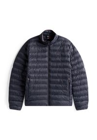 Veste matelassée bleu marine avec fermeture éclair frontale, deux poches latérales zippées et petit logo rouge-blanc-bleu sur le côté gauche de la poitrine, étalée à plat sur fond blanc.