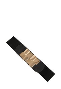 Cintura elastica nera con una grande fibbia geometrica rettangolare in tono oro al centro.