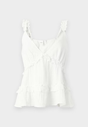 Top din material alb cu bretele ondulate și volane, având un decolteu în V și o croială lejeră. Fabricat dintr-un material ușor, ideal pentru vreme caldă.