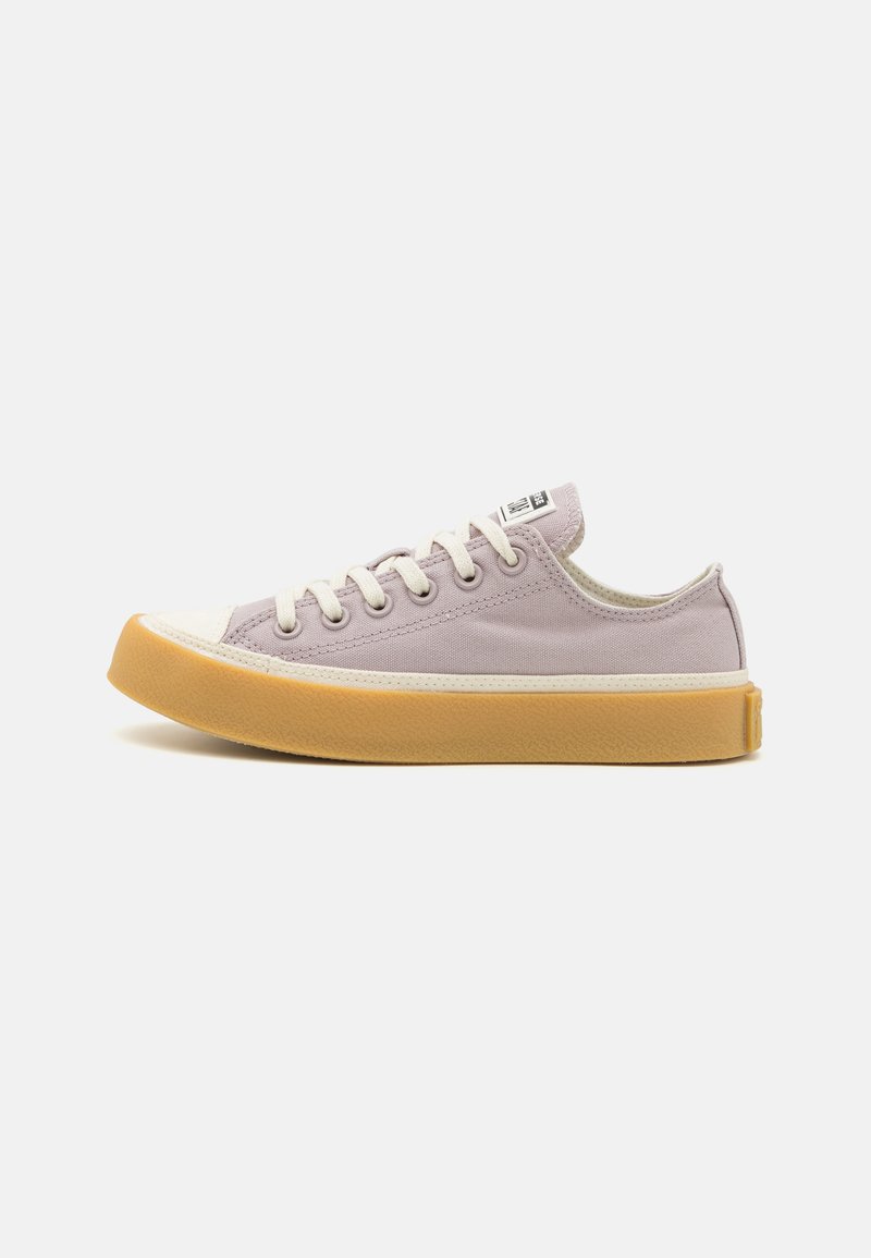 Tenis de lona lilás claro com um bico de borracha e uma sola amarela. Possui atacadores brancos e uma etiqueta de logo na lingueta.
