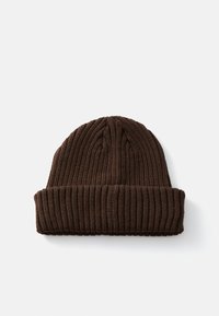 Brown knitted beanie with a ribbed texture, featuring a folded cuff at the bottom and a rounded top. Lightweight and flexible design.
