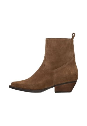 Brown suede ankle boot with a pointed toe, clean lines, a short stacked heel, and a rear pull tab for easy wear.
