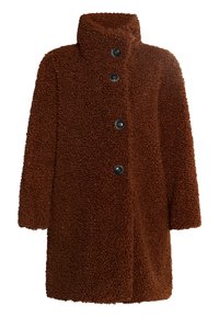 Brun fleecejakke med en blød, tekstureret overflade, høj krave og fire store sorte knapper foran. Lige snit, lange ærmer.